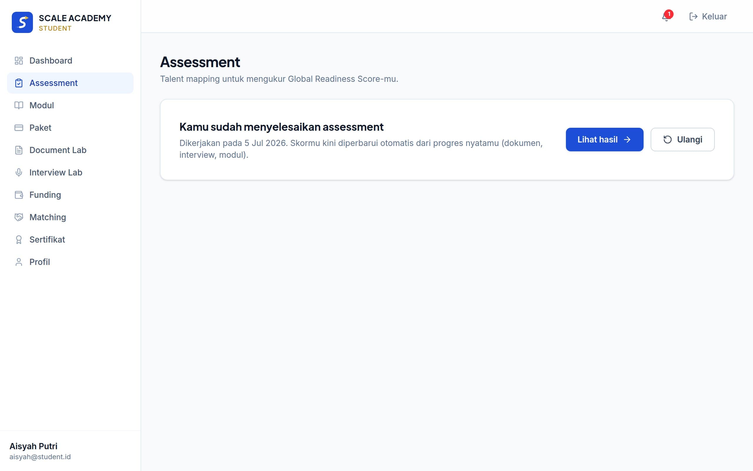 Hasil assessment dengan skor dan breakdown dimensi
