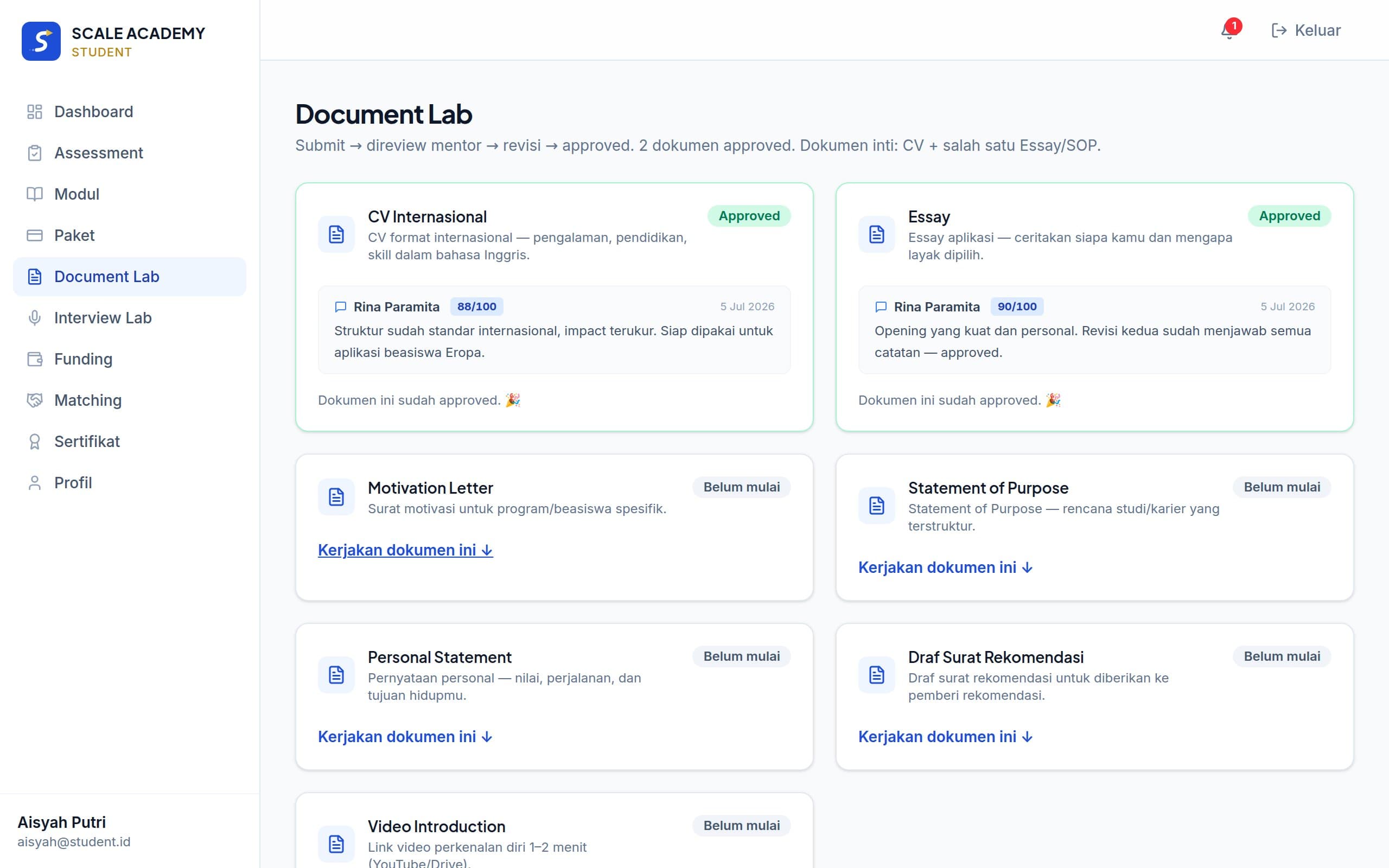 Document Lab dengan status review dokumen